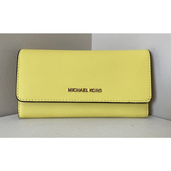 New Michael Kors Jet Set Travel Large Trifold Wallet Leather Sunshine - Picture 1 of 4